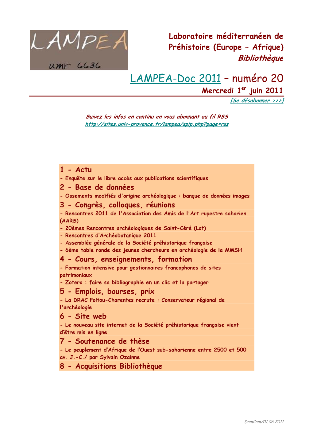 LAMPEA-Doc 2011 – Numéro 20 Mercredi 1Er Juin 2011 [Se Désabonner >>>]