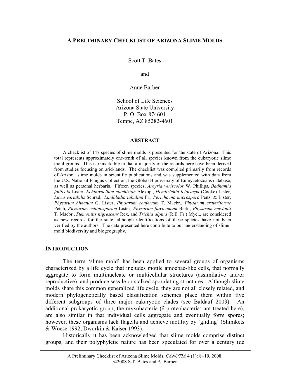 A Preliminary Checklist of Arizona Slime Molds