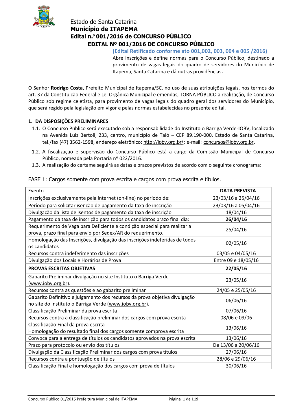 Estado De Santa Catarina Município De ITAPEMA (Edital Retificado