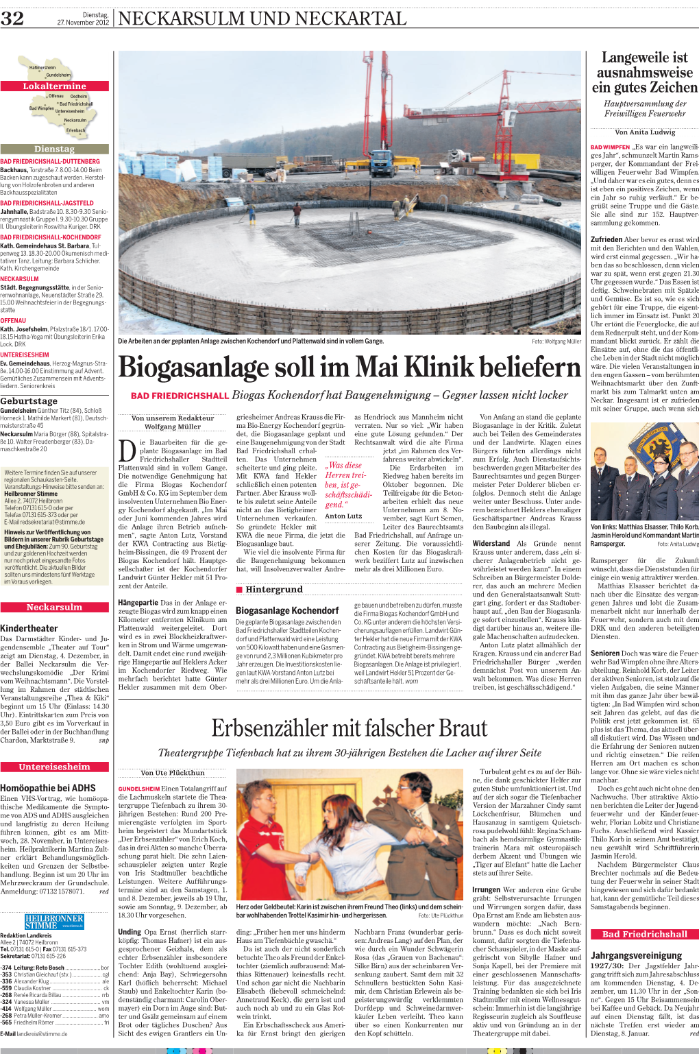 Heilbronner Stimme – “Biogasanlage Soll Im Mai Klinik Beliefern”
