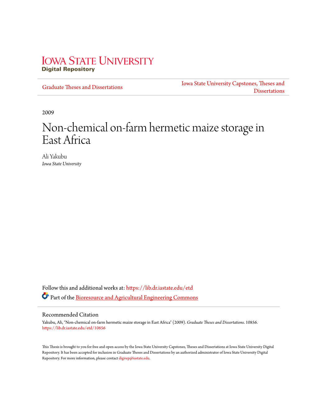 Non-Chemical On-Farm Hermetic Maize Storage in East Africa Ali Yakubu Iowa State University