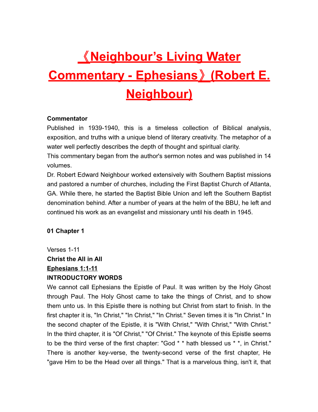 Neighbour S Living Water Commentary - Ephesians (Robert E. Neighbour)