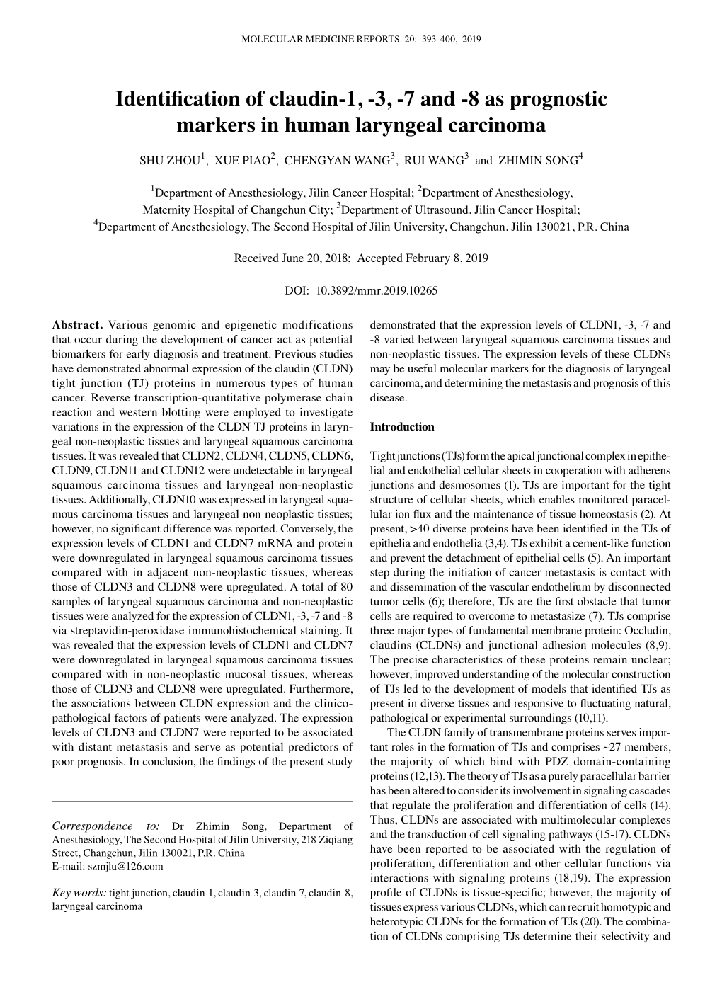 Identification of Claudin‑1, ‑3, ‑7 and ‑8 As Prognostic Markers in Human Laryngeal Carcinoma