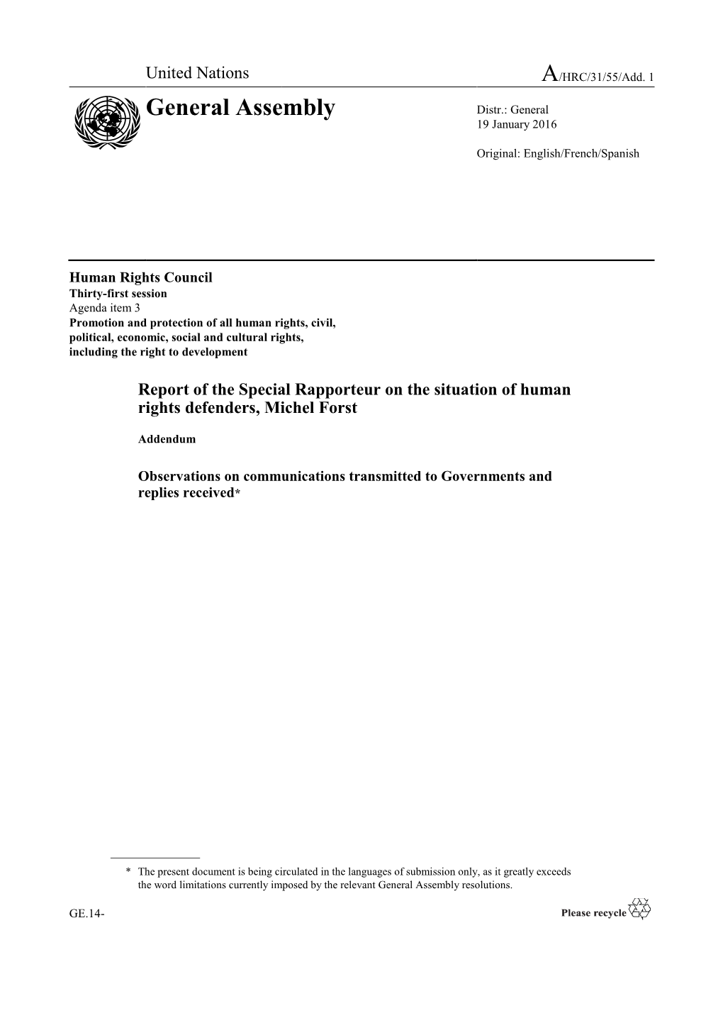 Report of the Special Rapporteur on the Situation of Human Rights Defenders, Michel Forst