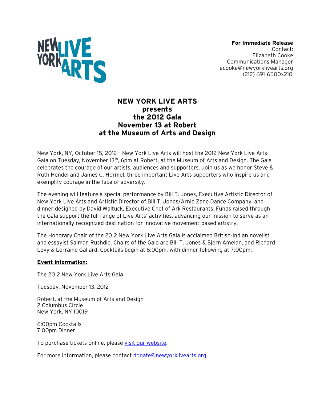 NEW YORK LIVE ARTS Presents the 2012 Gala November 13 at Robert at the Museum of Arts and Design