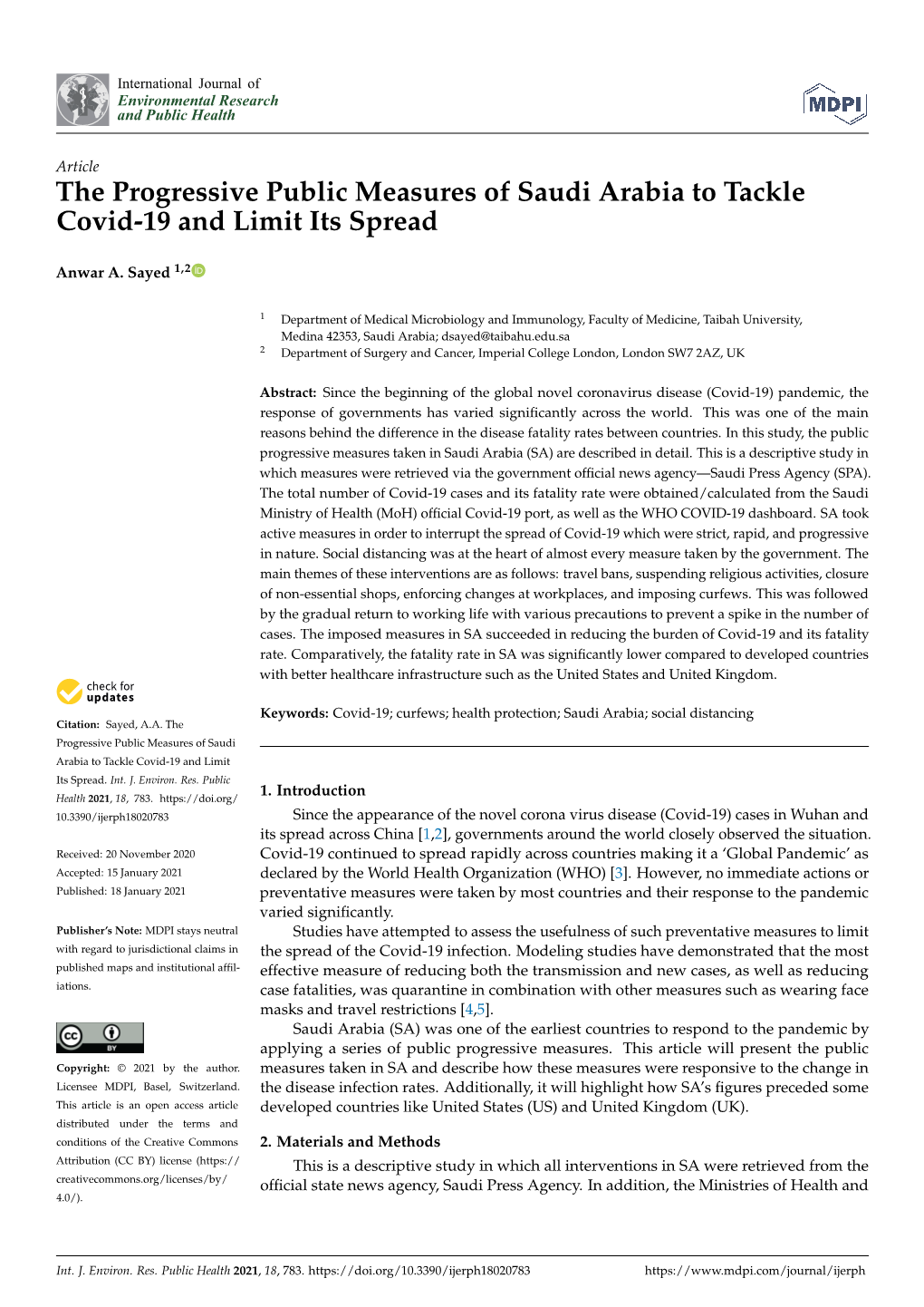 The Progressive Public Measures of Saudi Arabia to Tackle Covid-19 and Limit Its Spread