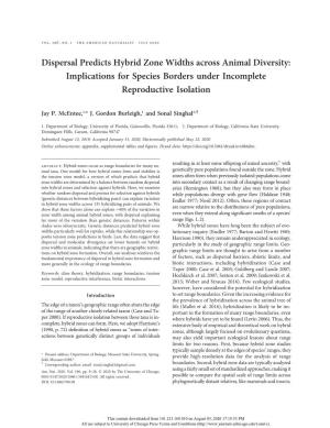 Dispersal Predicts Hybrid Zone Widths Across Animal Diversity: Implications for Species Borders Under Incomplete Reproductive Isolation