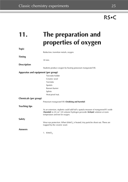 11. the Preparation and Properties of Oxygen Topic Reduction, Transition Metals, Oxygen