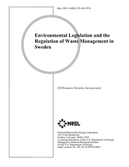 Environmental Legislation and the Regulation of Waste Management in Sweden