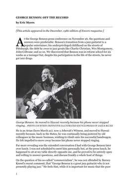GEORGE BENSON: OFF the RECORD by Eric Myers ______[This Article Appeared in the December, 1980 Edition of Encore Magazine.]