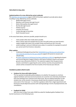 TIER UPDATE 25 May 2021 Updated Guidance for Areas Affected By