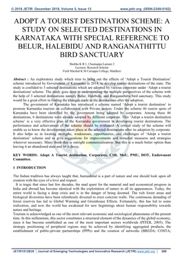 Adopt a Tourist Destination Scheme: a Study on Selected Destinations in Karnataka with Special Reference to Belur, Halebidu and Ranganathittu Bird Sanctuary