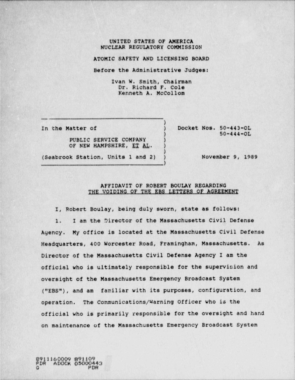 Affidavit of R Boulay Re Voiding of Emergency Broadcast Sys Ltrs of Agreement.* Since WCGY Voided Ltr of Agreement W