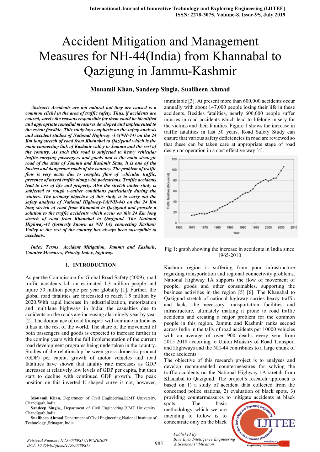 Accident Mitigation and Management Measures for NH-44(India) from Khannabal to Qazigung in Jammu-Kashmir