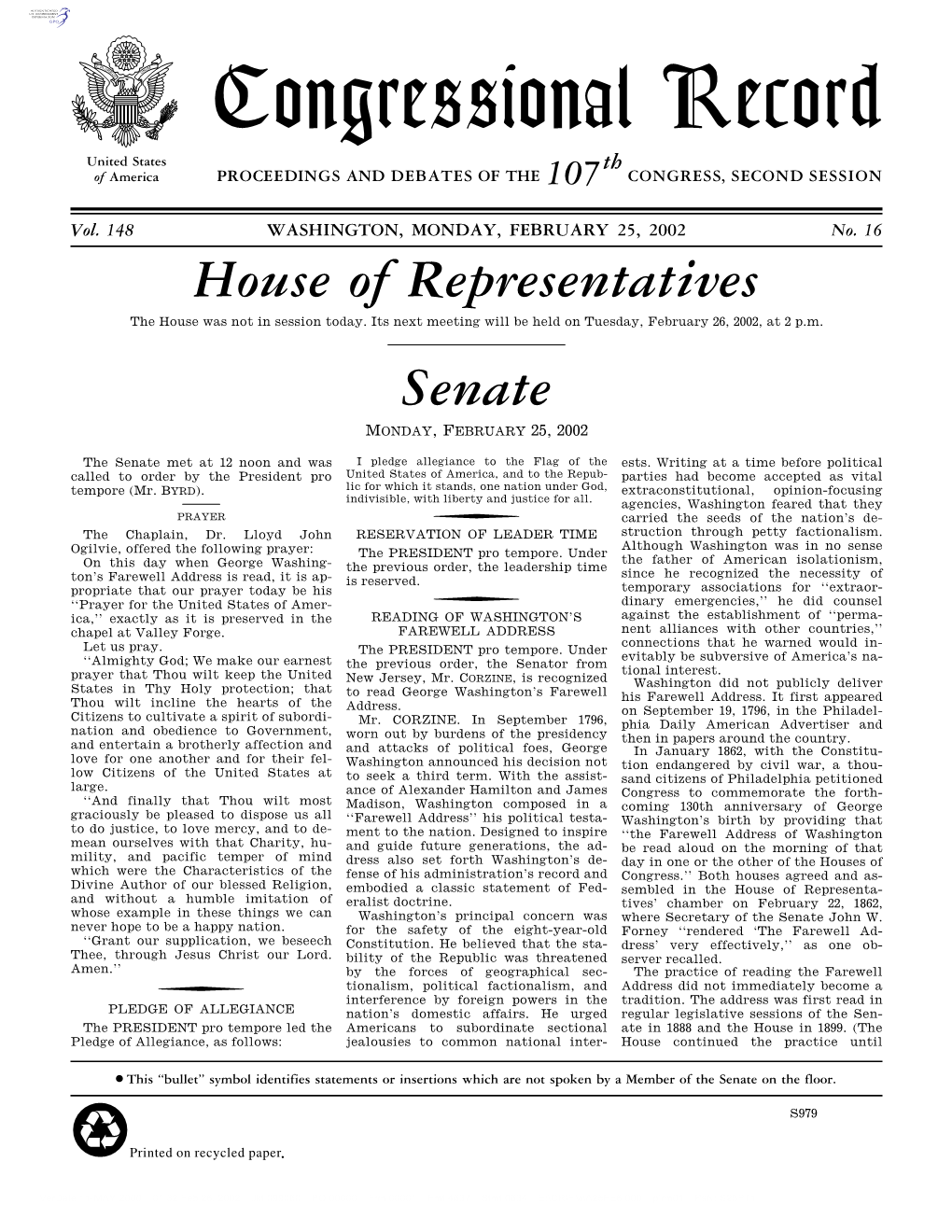 Congressional Record United States Th of America PROCEEDINGS and DEBATES of the 107 CONGRESS, SECOND SESSION