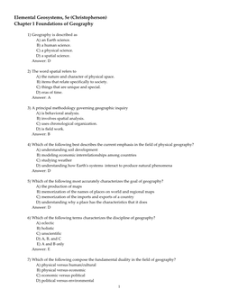 Elemental Geosystems, 5E (Christopherson) Chapter 1 Foundations of Geography