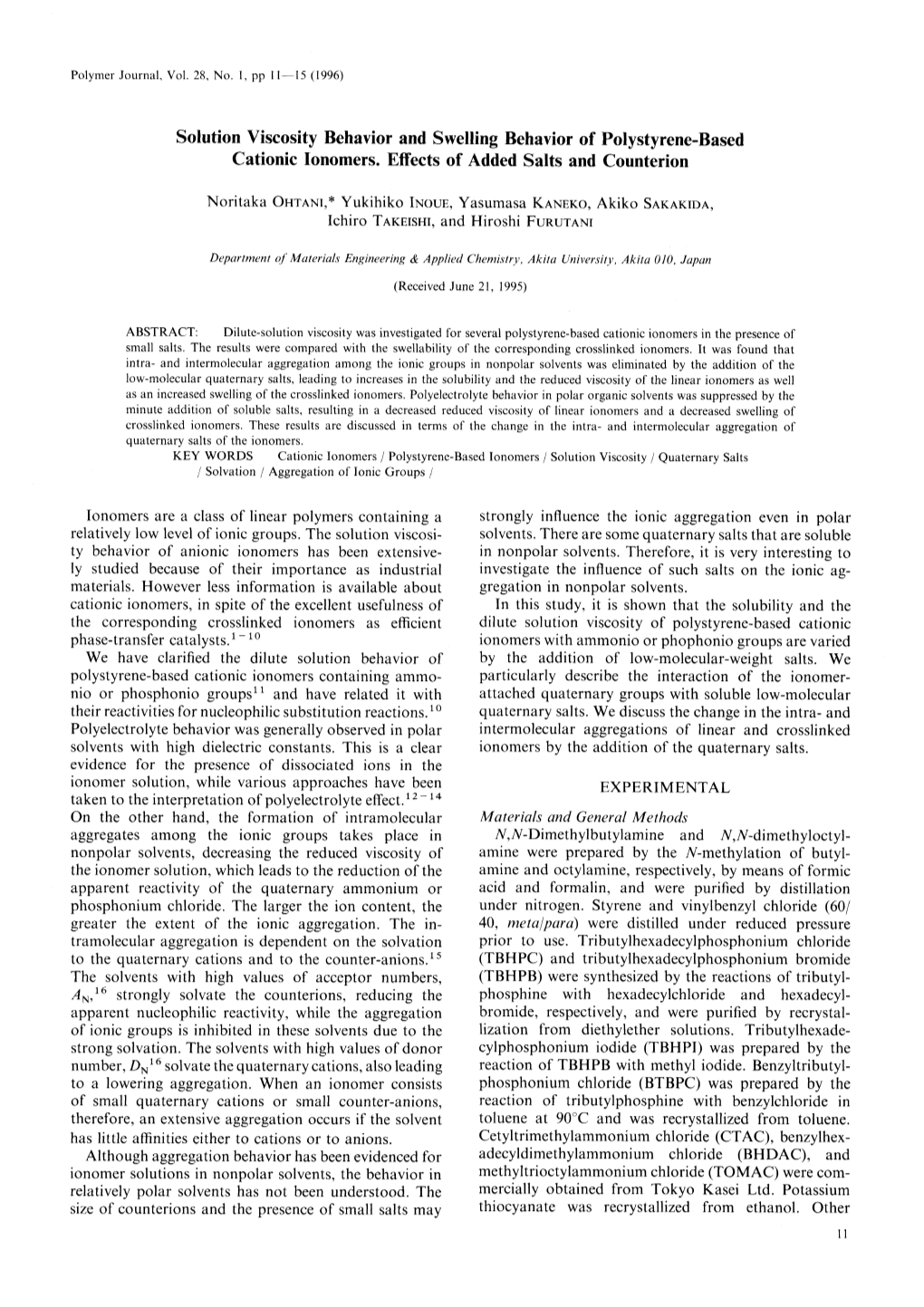 Solution Viscosity Behavior and Swelling Behavior of Polystyrene-Based Cationic Ionomers