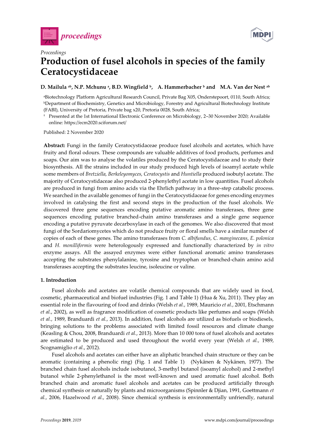 Production of Fusel Alcohols in Species of the Family Ceratocystidaceae