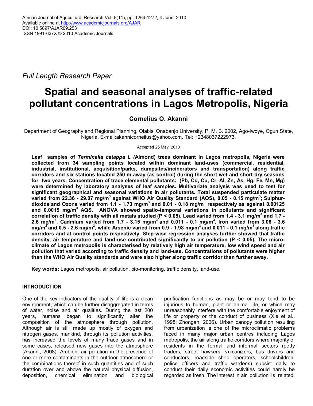 Spatial and Seasonal Analysis of Traffic-Related Pollutant Concentrations In