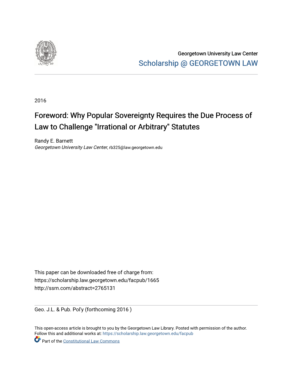 Foreword: Why Popular Sovereignty Requires the Due Process of Law to Challenge "Irrational Or Arbitrary" Statutes