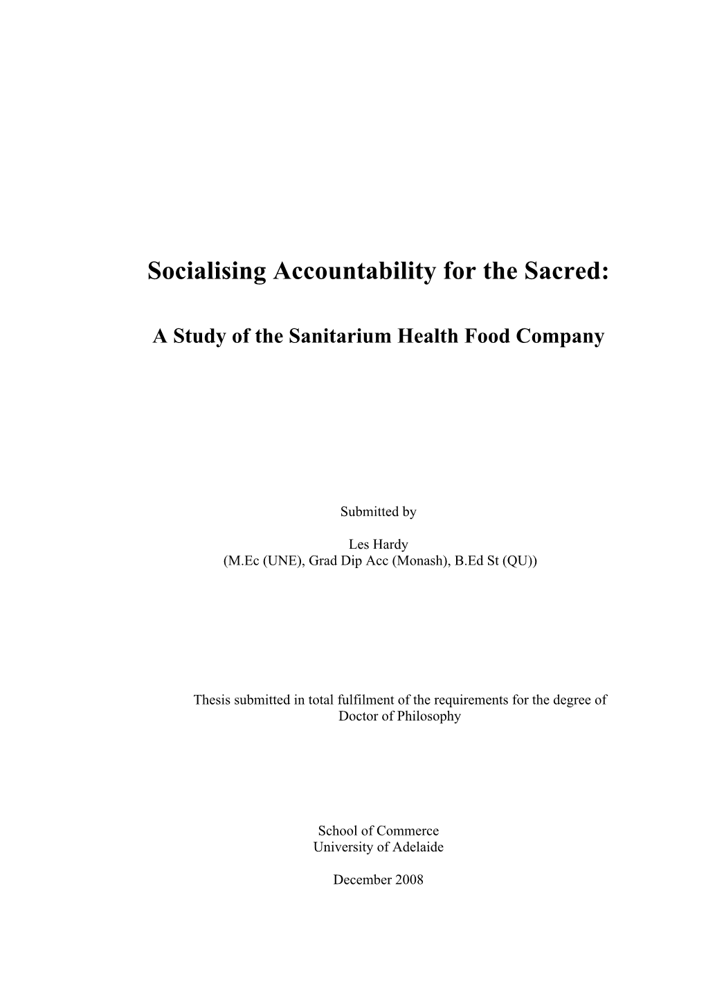 Socialising Accountability for the Sacred: a Study of the Sanitarium