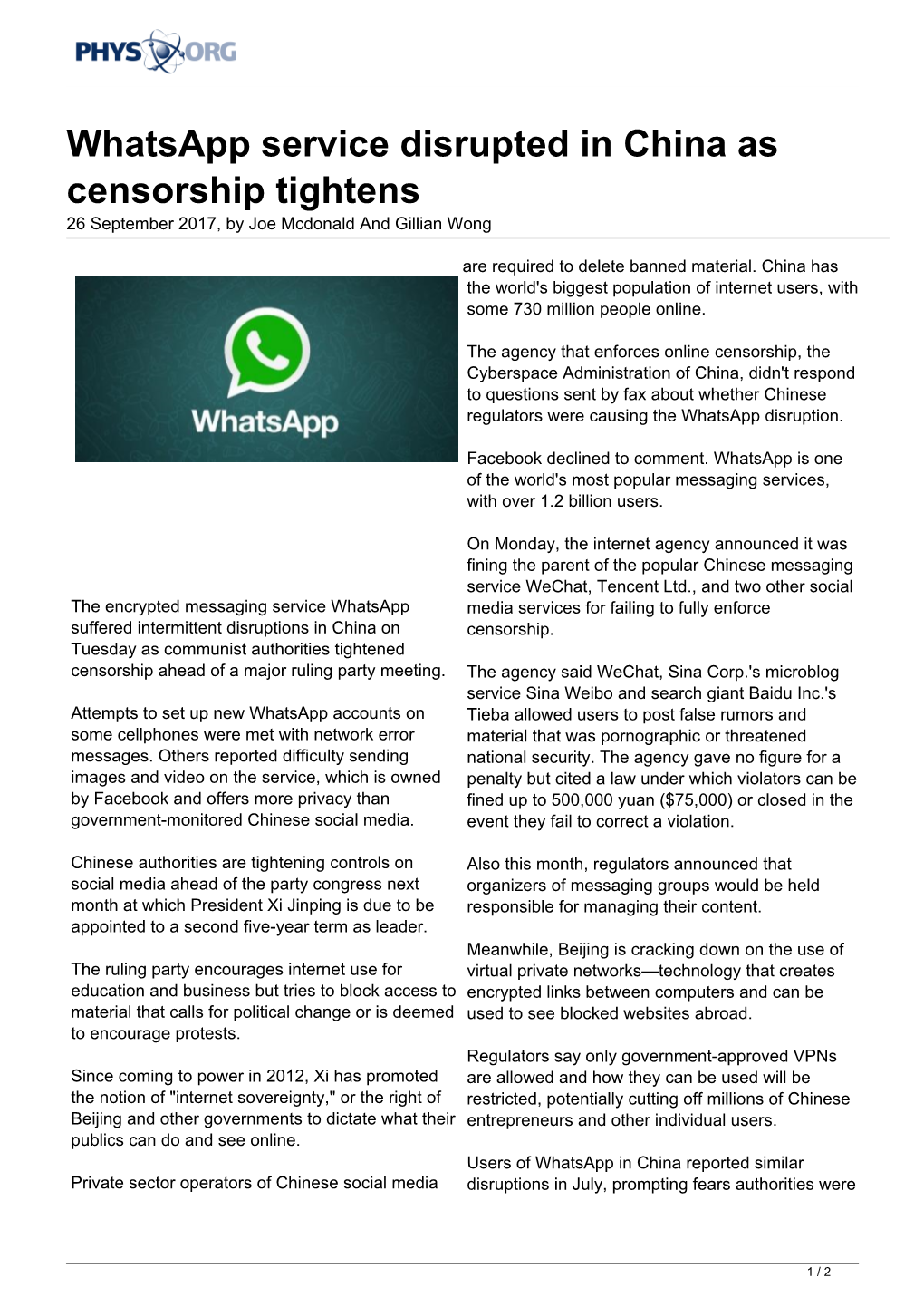 Whatsapp Service Disrupted in China As Censorship Tightens 26 September 2017, by Joe Mcdonald and Gillian Wong