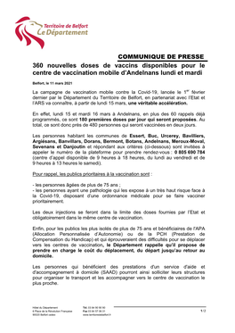 360 Nouvelles Doses De Vaccins Disponibles Pour Le Centre De Vaccination Mobile D’Andelnans Lundi Et Mardi
