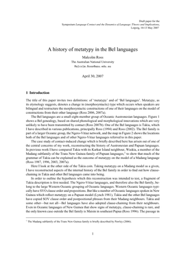 A History of Metatypy in the Bel Languages Malcolm Ross the Australian National University Malcolm.Ross@Anu.Edu.Au