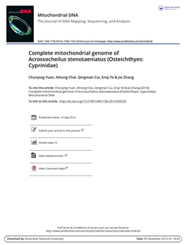 Complete Mitochondrial Genome of Acrossocheilus Stenotaeniatus (Osteichthyes: Cyprinidae)