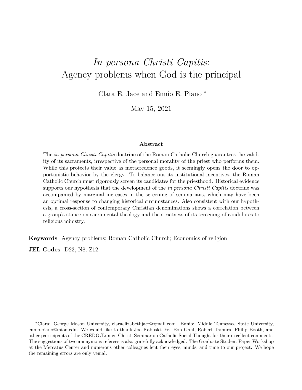 In Persona Christi Capitis: Agency Problems When God Is the Principal