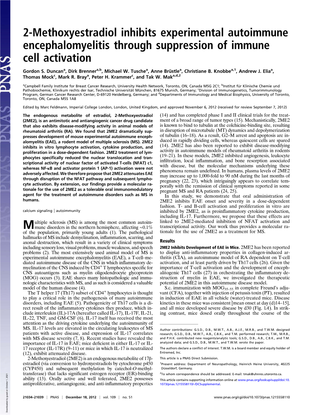 2-Methoxyestradiol Inhibits Experimental Autoimmune Encephalomyelitis Through Suppression of Immune Cell Activation