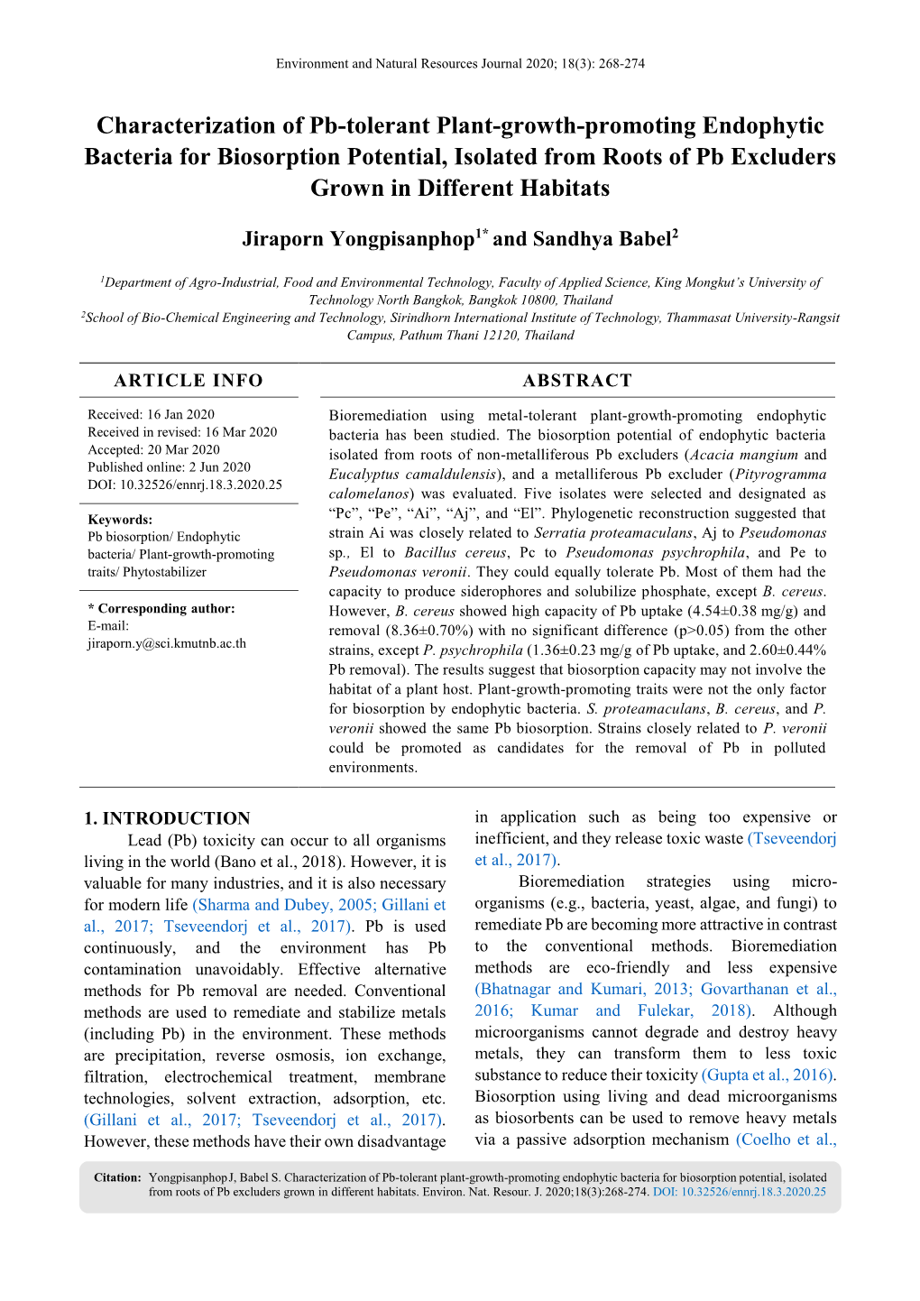 Characterization of Pb-Tolerant Plant-Growth-Promoting Endophytic Bacteria for Biosorption Potential, Isolated from Roots of Pb Excluders Grown in Different Habitats