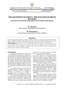 The Question of Khiva, the English-Russian Rivalry (On Base of Studies of Russian and Foreign Sources)