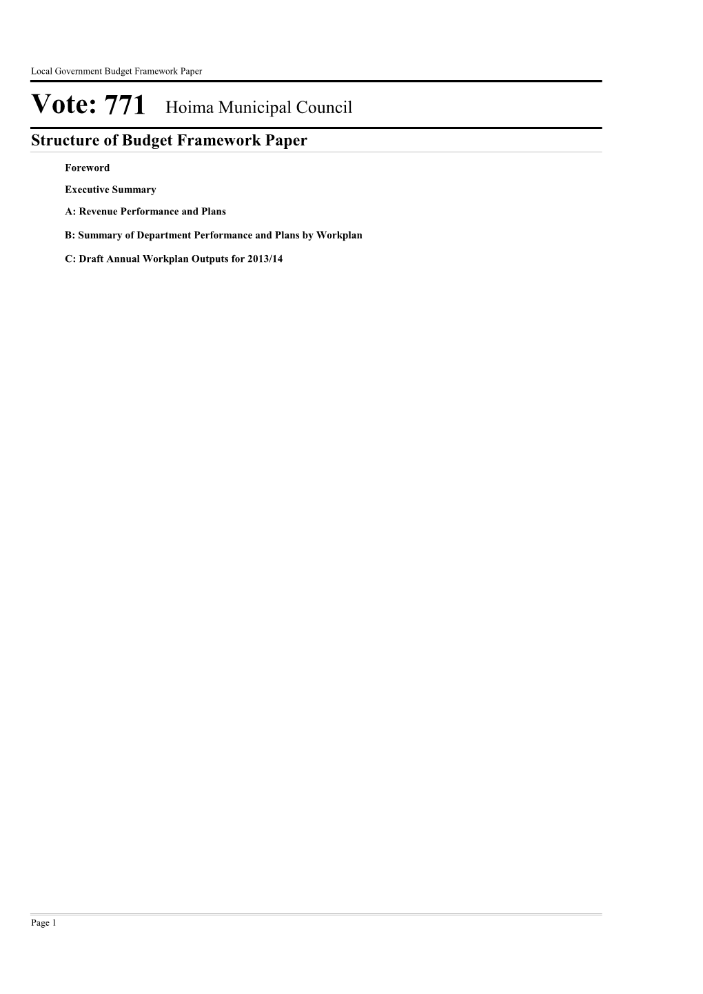 Vote: 771 Hoima Municipal Council Structure of Budget Framework Paper