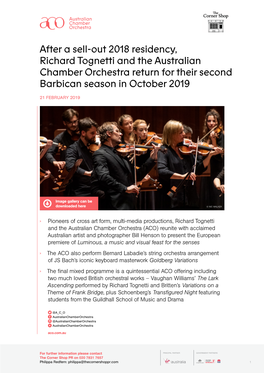After a Sell-Out 2018 Residency, Richard Tognetti and the Australian Chamber Orchestra Return for Their Second Barbican Season in October 2019