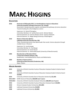 MARC HIGGINS EDUCATION 2016 Doctorate of Philosophy (Ph.D