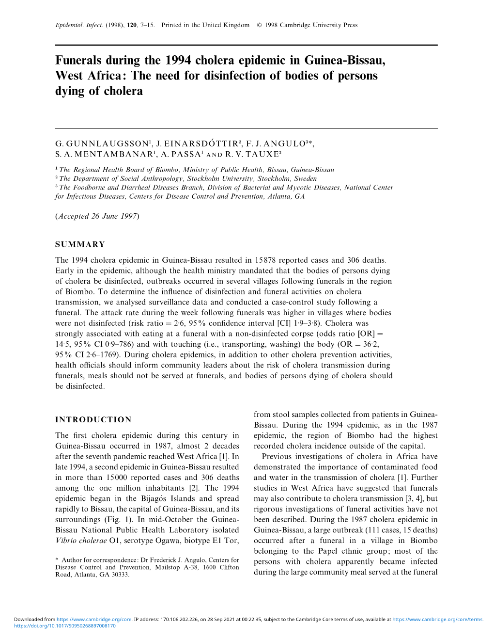 Funerals During the 1994 Cholera Epidemic in Guinea-Bissau, West Africa: the Need for Disinfection of Bodies of Persons Dying of Cholera