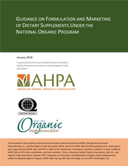 Of Dietary Supplements Under the National Organic Program