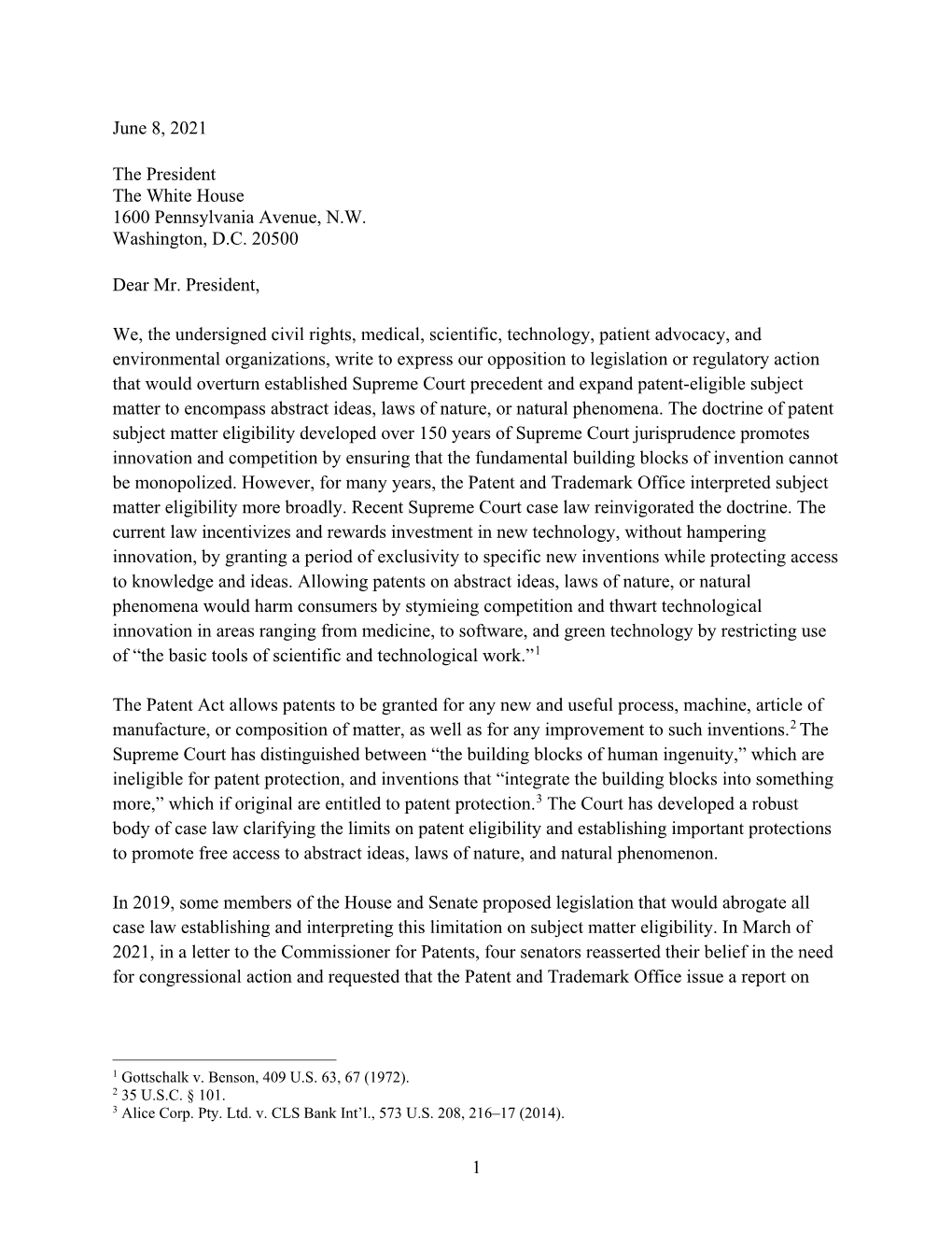 Coalition Letter to Biden Administration on Patent Eligibility