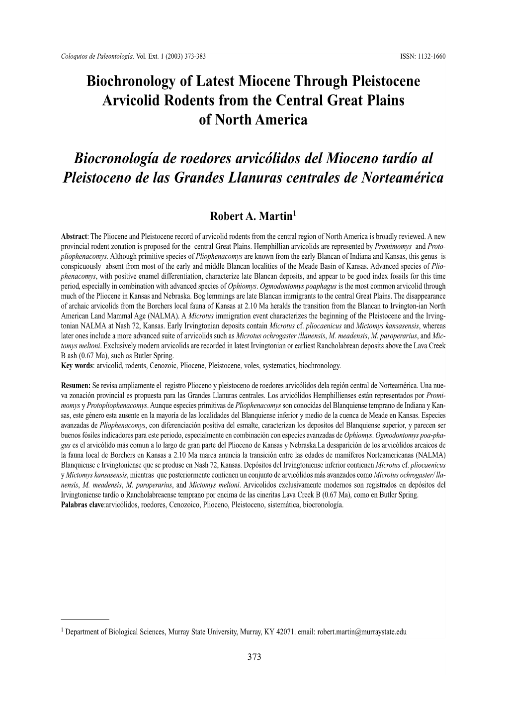 Biochronology of Latest Miocene Through Pleistocene Arvicolid Rodents from the Central Great Plains of North America