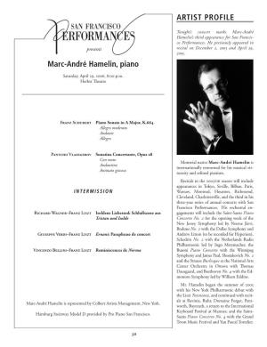 Marc-André Hamelin, Piano ARTIST PROFILE