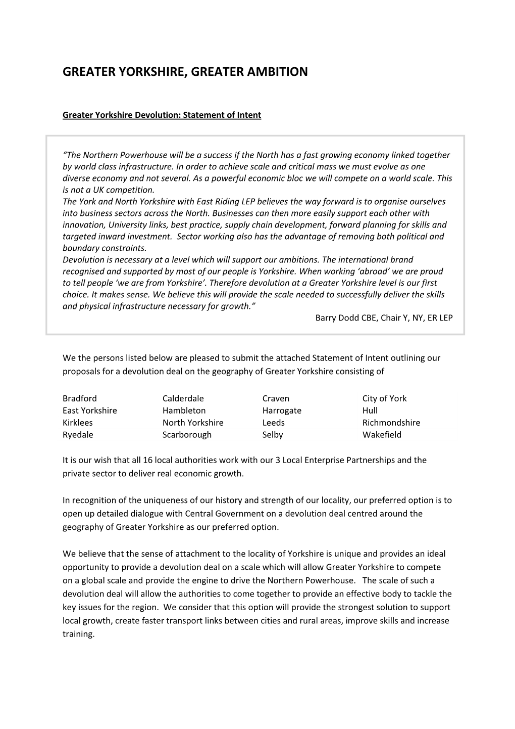 Greater Yorkshire Devolution: Statement of Intent