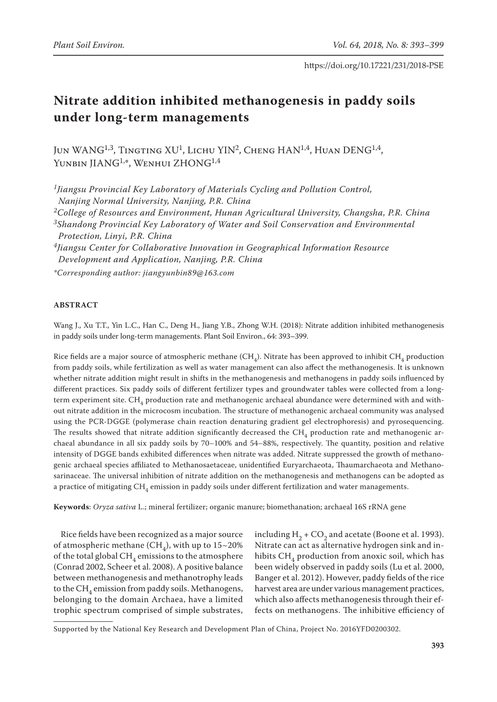 Nitrate Addition Inhibited Methanogenesis in Paddy Soils Under Long-Term Managements