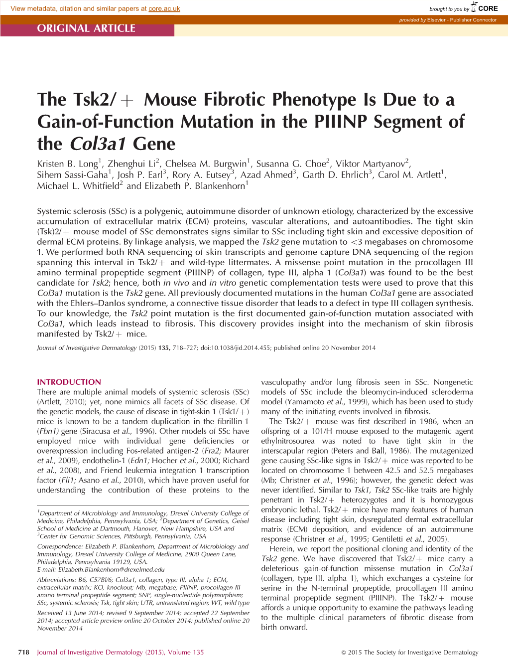 The Tsk2/+ Mouse Fibrotic Phenotype Is Due to a Gain-Of-Function Mutation in the PIIINP Segment of the Col3a1 Gene