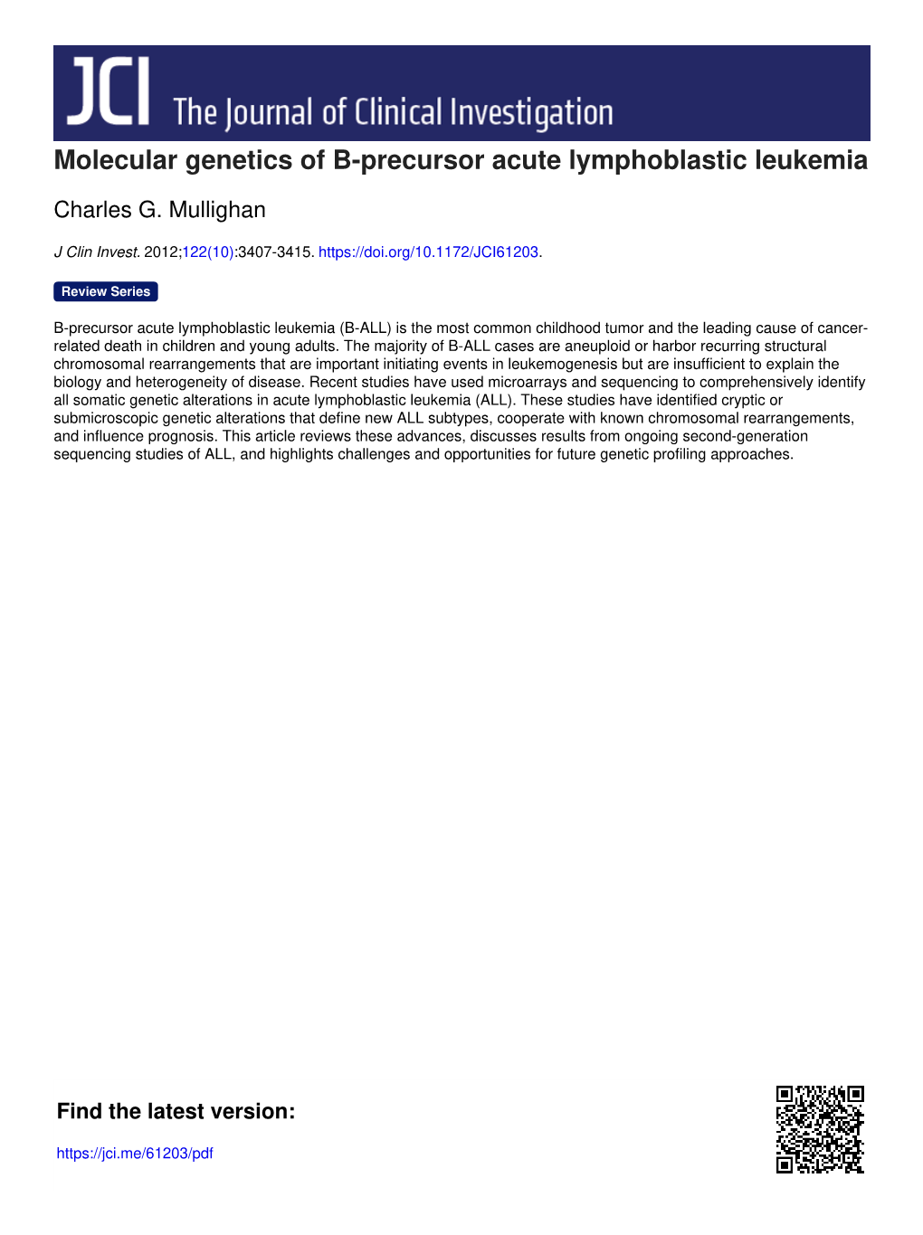 Molecular Genetics of B-Precursor Acute Lymphoblastic Leukemia