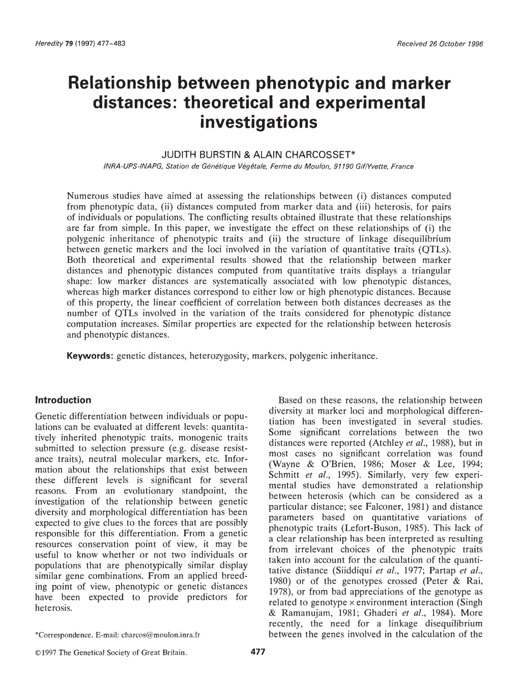 Relationship Between Phenotypic and Marker Distances: Theoretical and Experimental Investigations