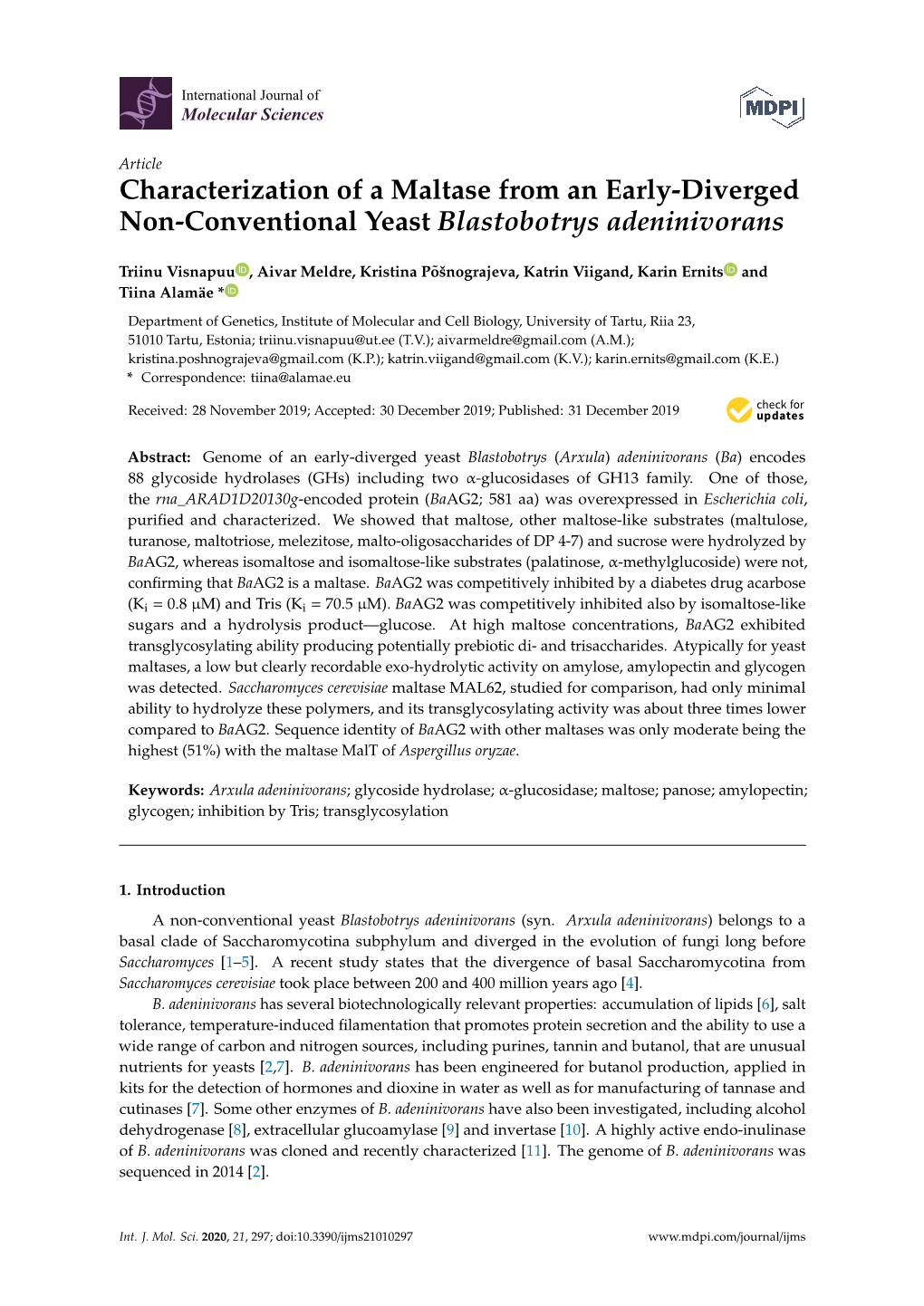 Characterization of a Maltase from an Early-Diverged Non-Conventional Yeast Blastobotrys Adeninivorans