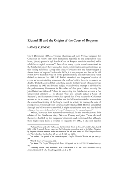 Richard III and the Origins of the Court of Requests
