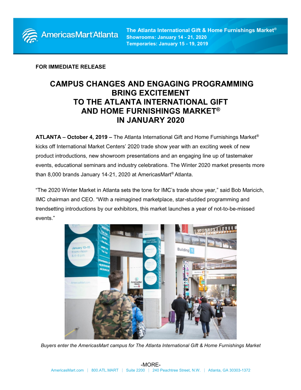 Campus Changes and Engaging Programming Bring Excitement to the Atlanta International Gift and Home Furnishings Market® in January 2020