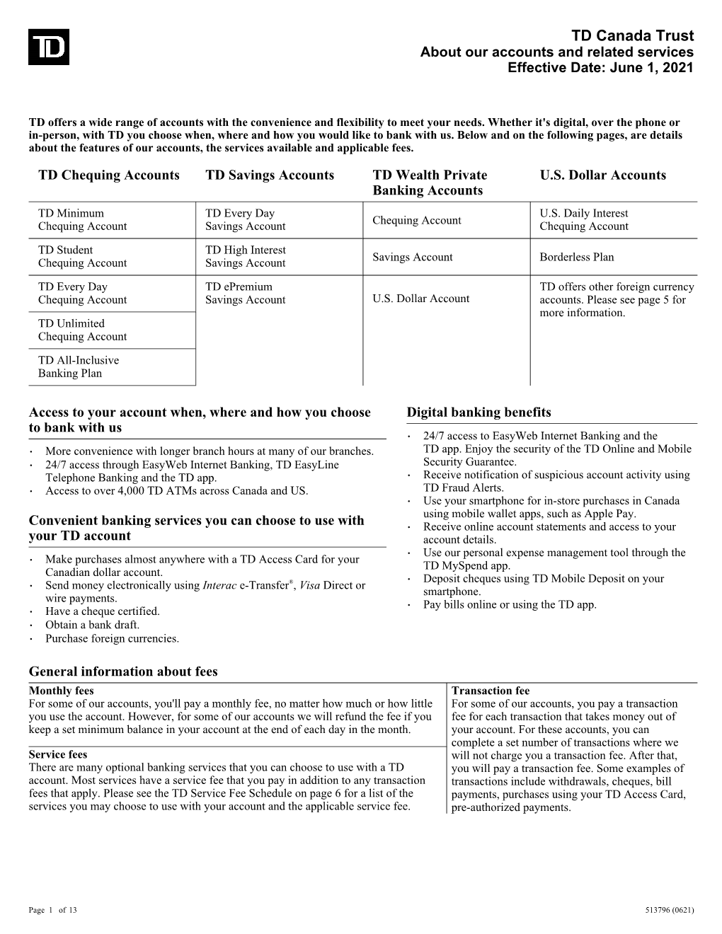 About Our Accounts and Related Services Effective Date: June 1, 2021